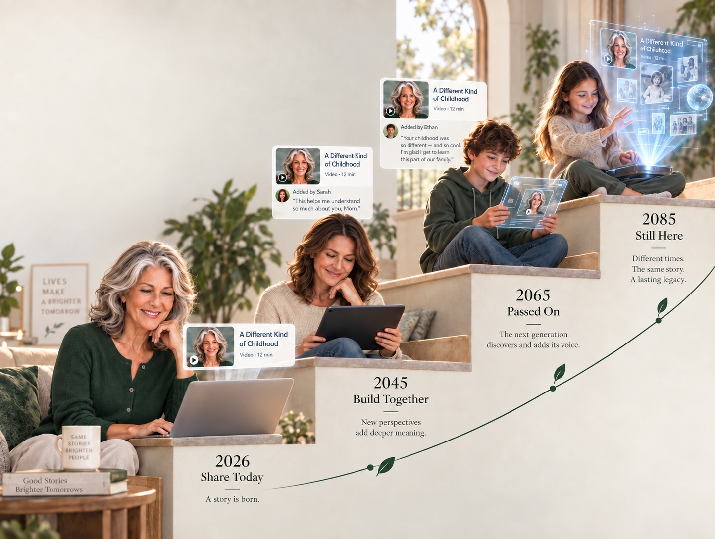 An illustrative journey from a storyteller sharing today to later generations discovering the same recorded Story, with imagined future viewing technology